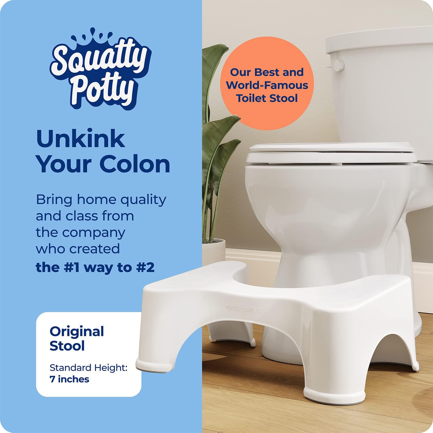 Banco ergonómico branco Squatty Potty junto à sanita
